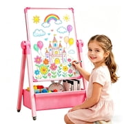 Art Easel for Kids, Double-Sided Magnetic Drawing Board, Toddler Toy Gift for Boys and Girls 3-5 Years Old, Pink