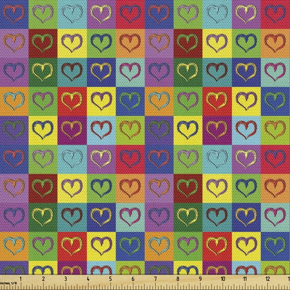 Ambesonne Art Fabric by the Yard Upholstery, Vivid Heart Colorful Square, 3 Yards, Multicolor