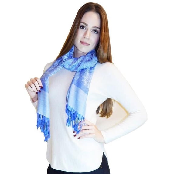 Art Fashions of Europe A-19BLUWHT Women Silk Blend Paisley Pashmina Scarf - Blue & White