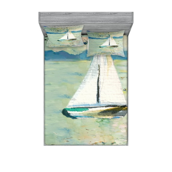 Art Fitted Sheet & Pillow Sham Set, Monet Sailing Boat Yacht Birds Watercolor Brushstroke Composition, Decorative Printed 6 Piece Bedding Decor Set, King, Pale Blue Teal and White, by Ambesonne
