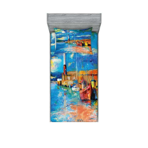 Art Fitted Sheet & Pillow Sham Set, Oil Painting Tones Style Lighthouse and Boats on Sea Shore Town Coastal Nature Picture, Decorative Printed 4 Piece Bedding Decor Set, Twin, Multicolor, by Ambesonne