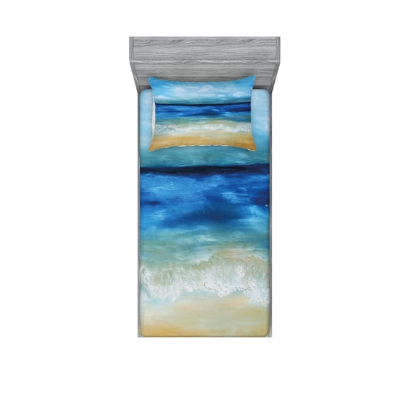 Art Fitted Sheet & Pillow Sham Set, Tropical Sandy Beach Pure Waves Tranquil Ocean Under Clouds Summer Scenery, Decorative Printed 4 Piece Bedding Decor Set, Twin, Navy Blue Pale Brown, by Ambesonne