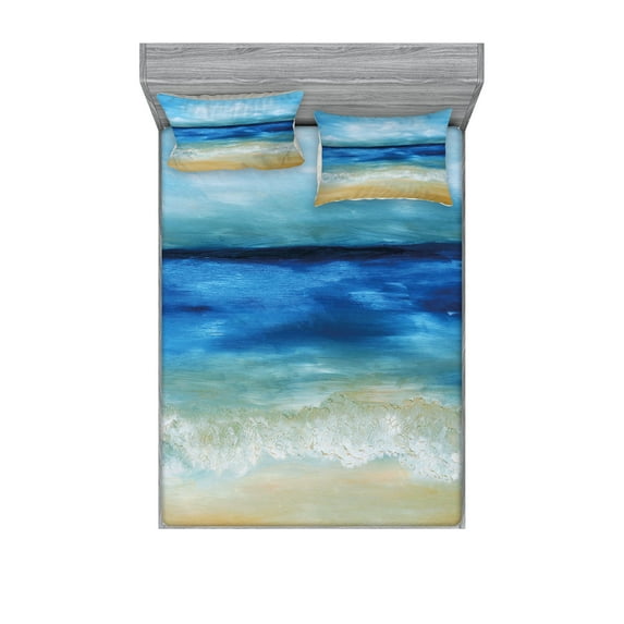 Art Fitted Sheet & Pillow Sham Set, Tropical Sandy Beach Pure Waves Tranquil Ocean Under Clouds Summer Scenery, Decorative Printed 6 Piece Bedding Decor Set, Queen, Navy Blue Pale Brown, by Ambesonne