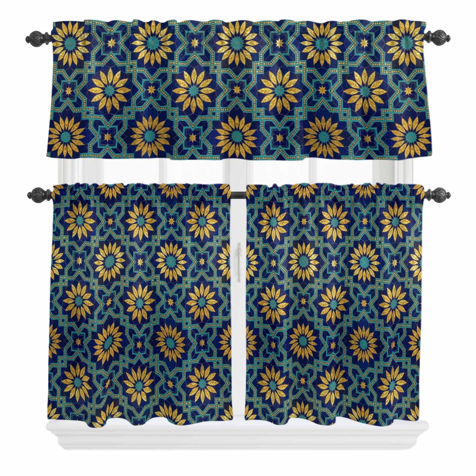 Art Floral Curtain Valances Set Abstract Retro Blue Ornate Pattern ...