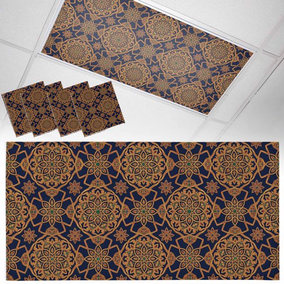 Art Floral Fluorescent Light Covers Abstract Retro Brown Ornate Vintage Bohemian Design Magnetic Light Filters Ceiling Lighting Panel Shade for Classroom Office Home 2 x 4 ft, 4 Pack