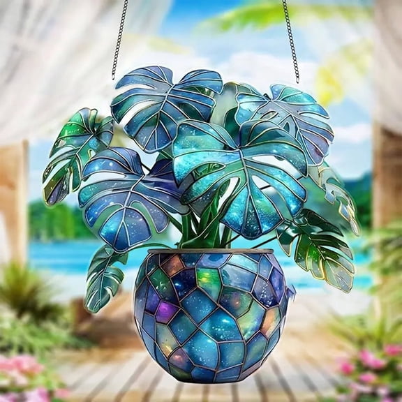 Art Flower Painted Window Decoration Hanging Acrylic Pendant, Creative Lighting Craft for Home Decor, 2D Monstera Design for Holiday and Seasonal Themes-colour
