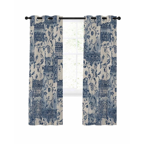 Art Flowers Blackout Curtains 45 Inch Length Blue Floral Tie-dye Texture Plants Country Tribes Thermal Insulated Window Curtain Window Drapes 2 Panels for Bedroom Living Room 52"Wx45"L
