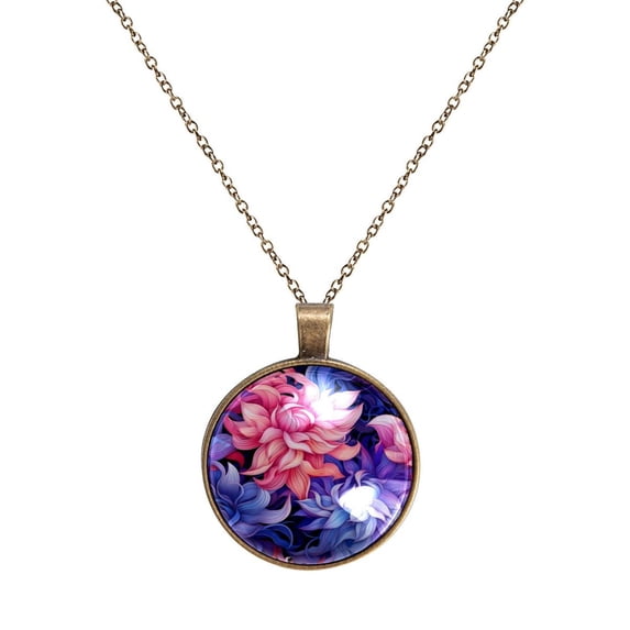 Art Flowers Necklace Personalized Custom Photo Round Pendant Adjustable Stainless Steel Necklaces with Gift Box for Men Women Mothers Valentine's Jewelry Gift