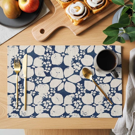 Art Flowers Placemats Set of 1, Vintage Blue Beige Floral Tie-dye Texture Country Heat Insulated Linen Place Mats, Washable Stain-Proof Table Mats for Dining Tables Holiday Decor 13x19 Inches