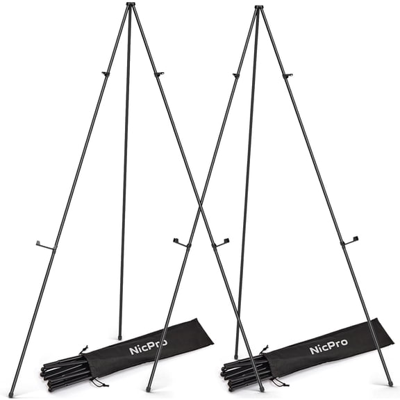 Art Folding Easels for Display, 2 Pack 63 Inches Metal Floor Easel Stand Bulk Tripod Black Collapsible for Sign Artist Poster Wedding | with Carry Bag