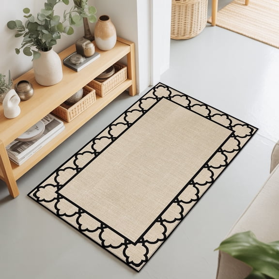 Art Frame 2'x3' Rug for Entryway Front Door Kitchen Sink Area, Geometric Black Morocco Printed Border Rustic Linen Texture Low Pile Washable Non Slip Rectangle Area Rug