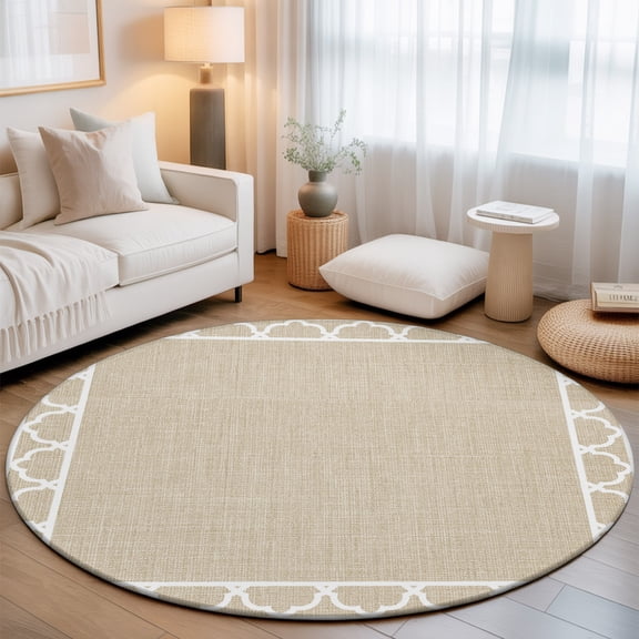 Art Frame 4' Round Rug for Cozy Reading Nook Home Office Chair Area, Geometric White Morocco Printed Border Rustic Linen Texture Washable Non Slip Circle Area Rug