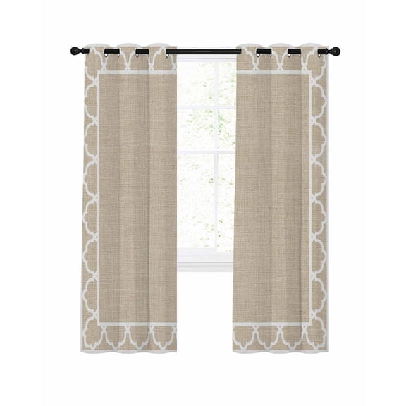 Art Frame Blackout Curtains for Bedroom Living Room, Geometric White Morocco Printed Border Rustic Linen Texture 39 In Long Thermal Insulated Room Darkening Drapes Grommet Window Treatment 27.5x39 In