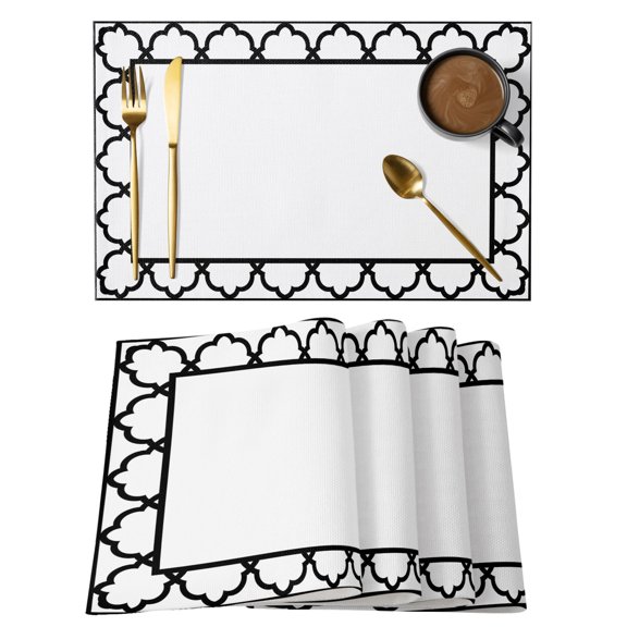Art Frame Cotton Linen Placemats Set of 1, Geometric Black Morocco Printed Border Modern Rustic White Washable Table Place Mats Heat Insulating Placemat for Dining Room Kitchen Daily Use 13 x 19 Inch