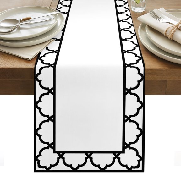 Art Frame Cotton Linen Table Runner Geometric Black Morocco Printed Border Modern Rustic White Dining Table Runners for Home Decor Party Dining Room Restaurant Kitchen Party 13" x 36"