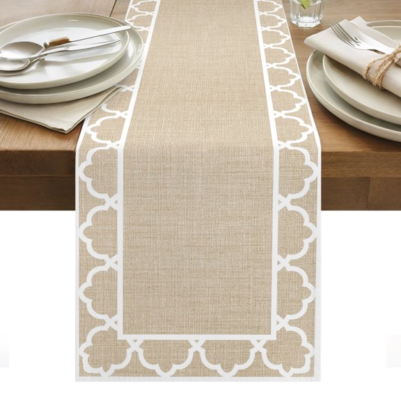 Art Frame Cotton Linen Table Runner Geometric White Morocco Printed Border Rustic Linen Texture Dining Table Runners for Home Decor Party Dining Room Restaurant Kitchen Party 13" x 48"