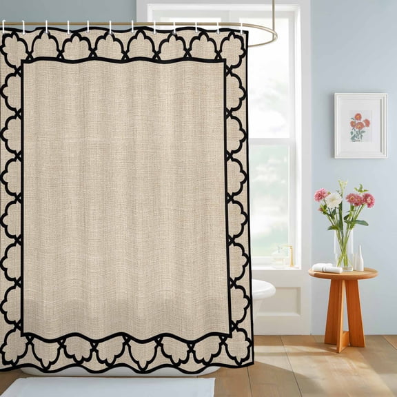 Art Frame Shower Curtain, Geometric Black Morocco Printed Border Rustic Linen Texture Waterproof Washable Shower Curtain for Bathroom Bathtub Partition Bath Decoration Set with Hooks 54x78in