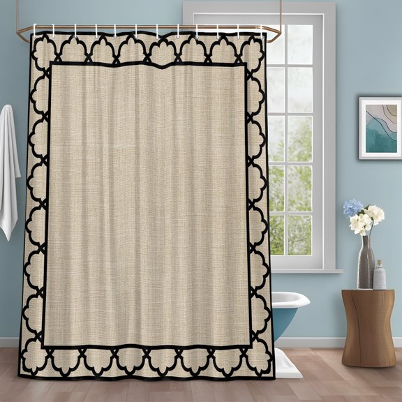 Art Frame Shower Curtain Set with Hooks, Geometric Black Morocco Printed Border Rustic Linen Texture Water Repellent Sturdy Shower Curtains for Bathroom Decoration, Machine Washable 36x72 In