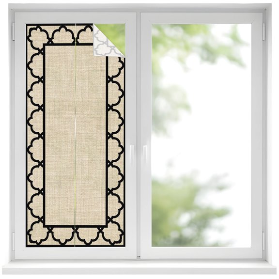 Art Frame Window Privacy Film Geometric Black Morocco Printed Border Rustic Linen Texture Decorative Glass Window Film UV Blocking Static Cling Sticker Covering for Home Door 19.6 x 39.3 inches