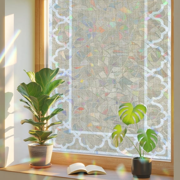 Art Frame Window Privacy Film, Geometric White Morocco Printed Border Rustic Linen Texture Stained Glass Rainbow Film Decorative Window Clings, Static Cling Sun Blocking Stickers 17.7" x 39.3"