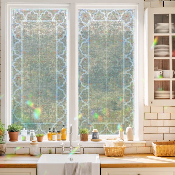 Art Frame Window Privacy Film Geometric White Morocco Printed Border Rustic Linen Texture Static Cling Stained Glass Window Film Non-Adhesive Decorative Decals Rainbow Sticker 17.7"X39.3"