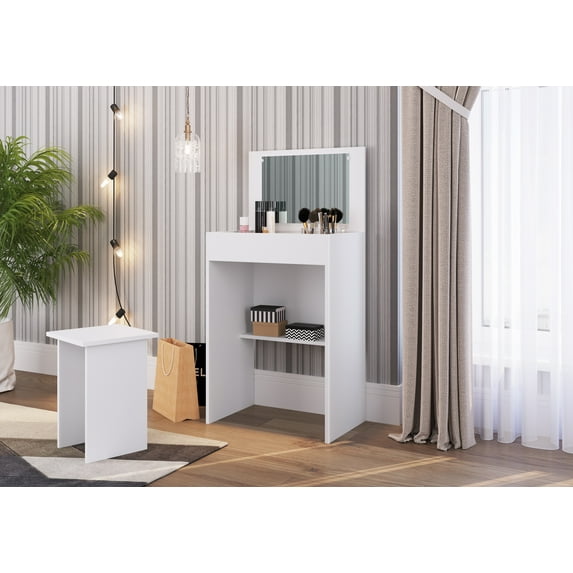 Art in Furniture Compact Vanity Desk with Adjustable Flip-Top and Built-in Mirror – Multi-Purpose Organizer for Makeup and Accessories – White – 44lbs Capacity