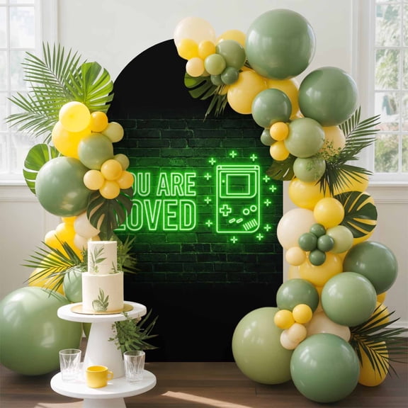 Art Gaming Icons Arch Backdrop Cover, 4FT, Multi Panel Neon Letter Green Modern Spandex Arch Covers Double-Sided Backdrop for Wedding Birthday Party Photo Background Decoration