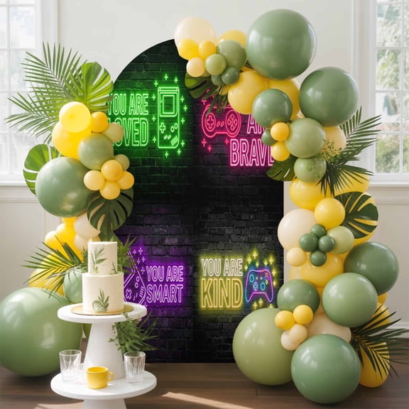 Art Gaming Icons Arch Backdrop Cover, 4FT, Multi Panel Neon Letter Green Pink Purple Yellow Spandex Arch Covers Double-Sided Backdrop for Wedding Birthday Party Photo Background Decoration