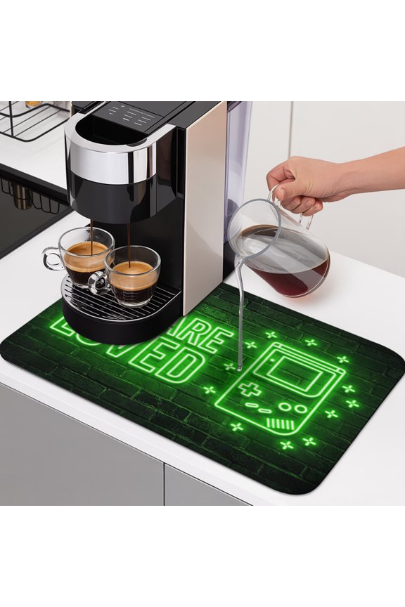 Art Gaming Icons Dish Drying Mats for Kitchen Counter, Multi Panel Neon Letter Green Modern Absorbent Coffee Bar Mat with Non-slip Rubber Backed Quick Drying Dish Rack Pad 12"x16"