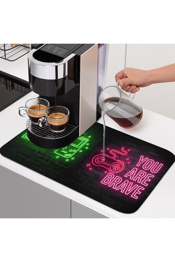 Art Gaming Icons Dish Drying Mats for Kitchen Counter, Multi Panel Neon Letter Green Pink Purple Yellow Absorbent Coffee Bar Mat with Non-slip Rubber Backed Quick Drying Dish Rack Pad 12"x16"