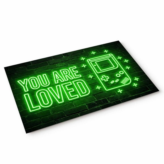 Art Gaming Icons Door Mat Multi Panel Neon Letter Green Modern Non Slip Absorbent Entrance Mat Washable Low Profile Indoor Doormat for Front Door Entryway Entry 16"x24"