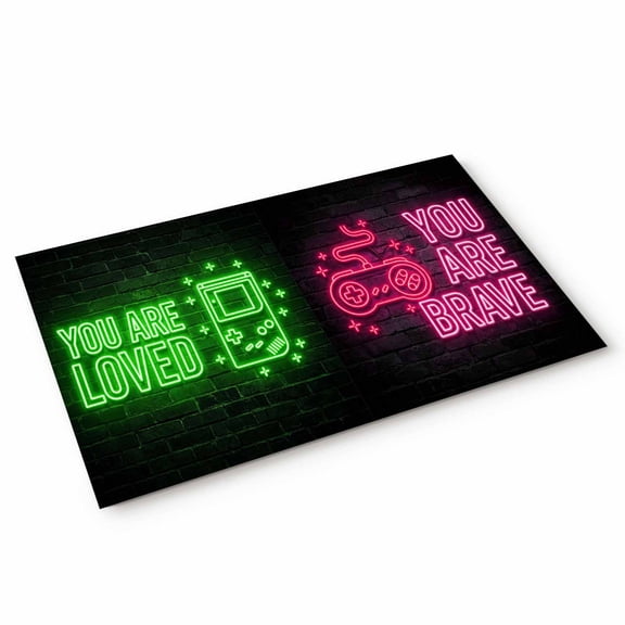 Art Gaming Icons Door Mat Multi Panel Neon Letter Green Pink Purple Yellow Non Slip Absorbent Entrance Mat Washable Low Profile Indoor Doormat for Front Door Entryway Entry 16"x24"