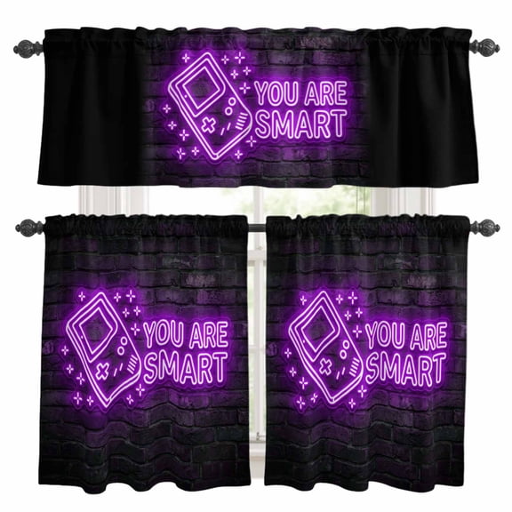 Art Gaming Icons Kitchen Curtains Set for Windows, Multi Panel Neon Letter Yellow You Are Smart Curtains Valance and Tier 3 Piece Set Small Drapes 24 Inch Length for Kitchen Bedroom Decor