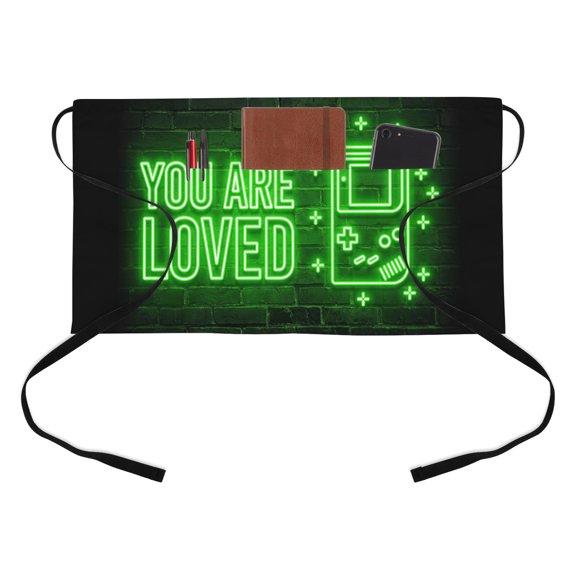 Art Gaming Icons Kitchen Restaurant Half Waist Apron, Multi Panel Neon Letter Green Modern Server Short Apron with 3 Pockets Waterproof Oil Waist Aprons for Women Waitress Waiter
