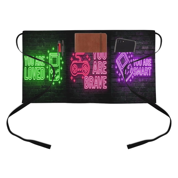 Art Gaming Icons Kitchen Restaurant Half Waist Apron, Multi Panel Neon Letter Green Pink Purple Yellow Server Short Apron with 3 Pockets Waterproof Oil Waist Aprons for Women Waitress Waiter