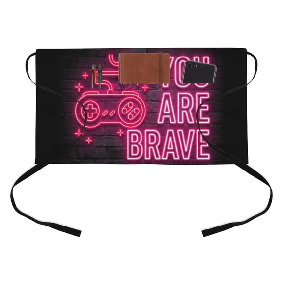 Art Gaming Icons Kitchen Restaurant Half Waist Apron, Multi Panel Neon Letter Pink You Are Brave Server Short Apron with 3 Pockets Waterproof Oil Waist Aprons for Women Waitress Waiter