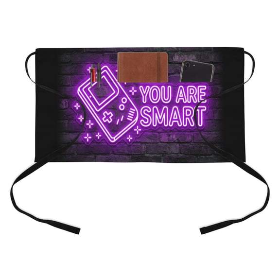 Art Gaming Icons Kitchen Restaurant Half Waist Apron, Multi Panel Neon Letter Yellow You Are Smart Server Short Apron with 3 Pockets Waterproof Oil Waist Aprons for Women Waitress Waiter