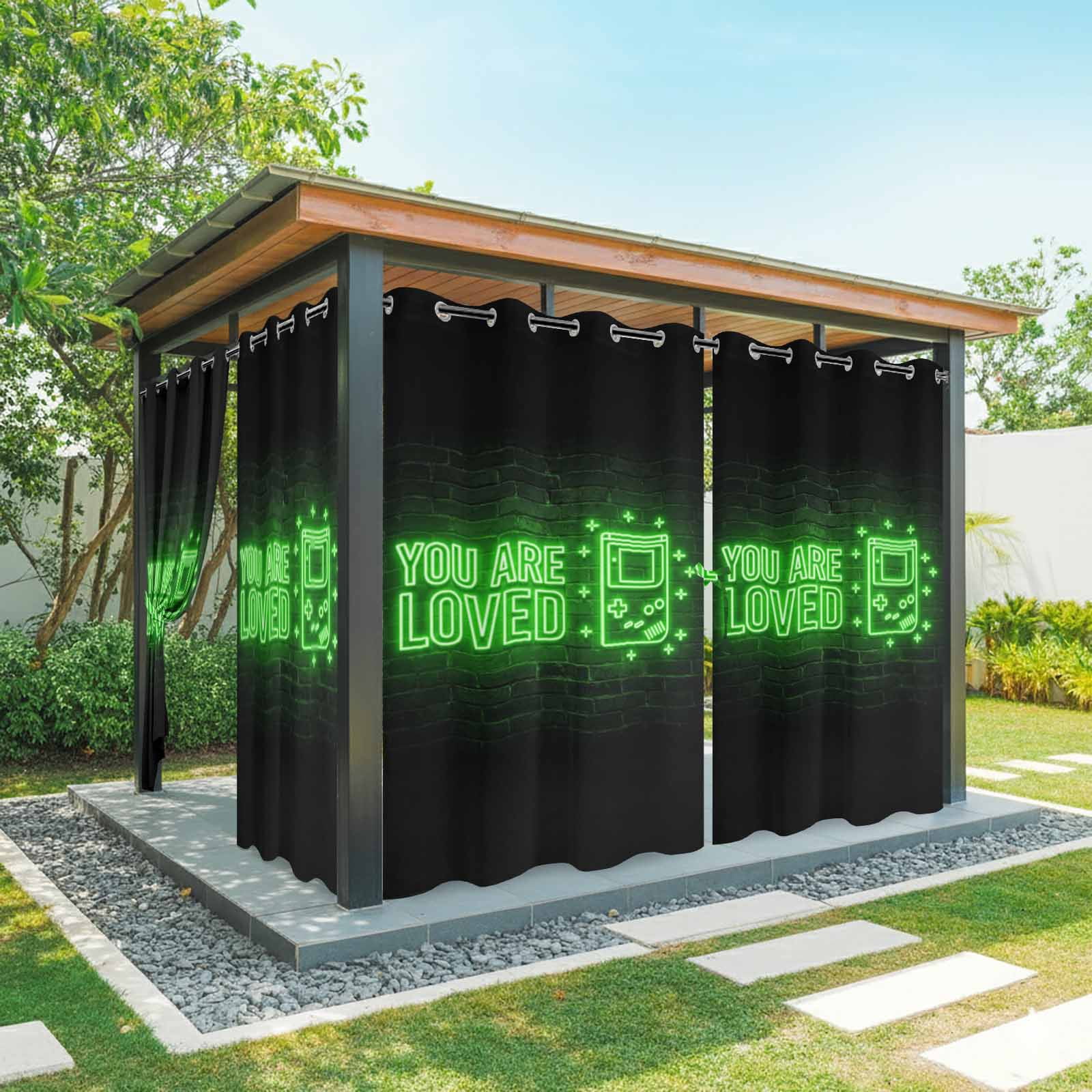 Art Gaming Icons Outdoor Curtains for Patio, Multi Panel Neon Letter Green Modern Sunshade Privacy Drapes Grommet Waterproof Outside Curtains for Porch/Cabana/Balcony 54"x 108", 1 Panel