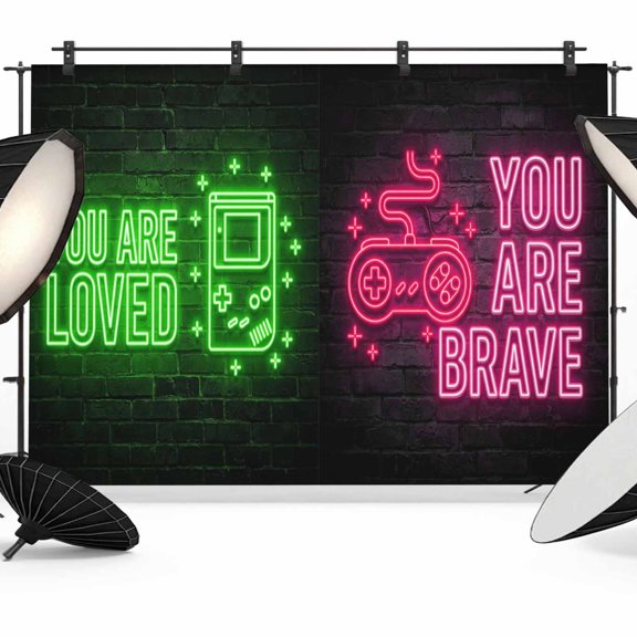 Art Gaming Icons Photography Backdrop 7x5FT, Multi Panel Neon Letter Green Pink Purple Yellow Photo Backdrops, Background for Photography Studio Photo Studio Background, Back Drop for Photoshoot