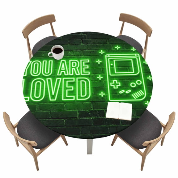Art Gaming Icons Round Fitted Table Cover Multi Panel Neon Letter Green Modern Waterproof Table Cloth with Elastic Edge Wipeable Tablecloth for Picnic Camping Party Fits 55"-60" Tables