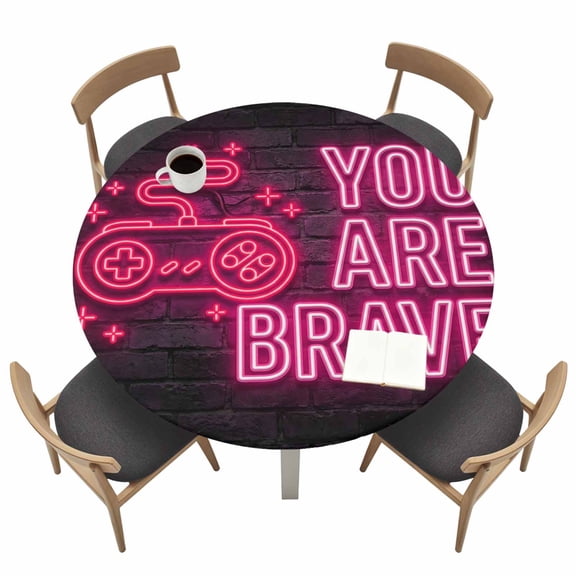 Art Gaming Icons Round Fitted Table Cover Multi Panel Neon Letter Pink You Are Brave Waterproof Table Cloth with Elastic Edge Wipeable Tablecloth for Picnic Camping Party Fits 36"-44" Tables