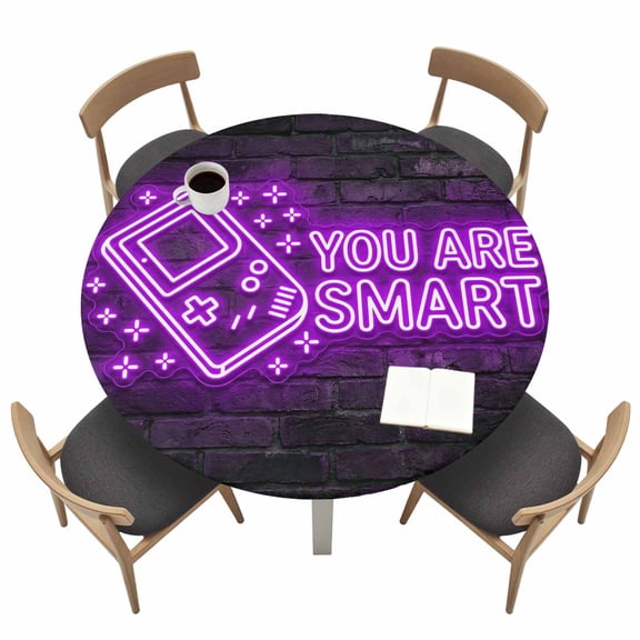 Art Gaming Icons Round Fitted Table Cover Multi Panel Neon Letter Yellow You Are Smart Waterproof Table Cloth with Elastic Edge Wipeable Tablecloth for Picnic Camping Party Fits 55"-60" Tables