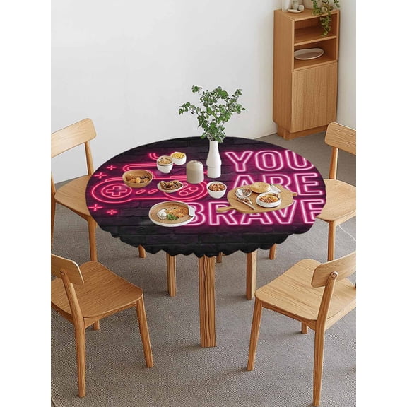Art Gaming Icons Round Fitted Tablecloth with Elastic Edge, Multi Panel Neon Letter Pink You Are Brave Waterproof Stretch Table Covers for 36"-44" Tables Wipeable Table Cloth for Outdoor