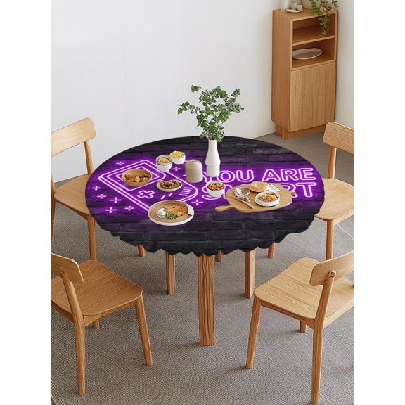 Art Gaming Icons Round Fitted Tablecloth with Elastic Edge, Multi Panel Neon Letter Yellow You Are Smart Waterproof Stretch Table Covers for 36"-44" Tables Wipeable Table Cloth for Outdoor