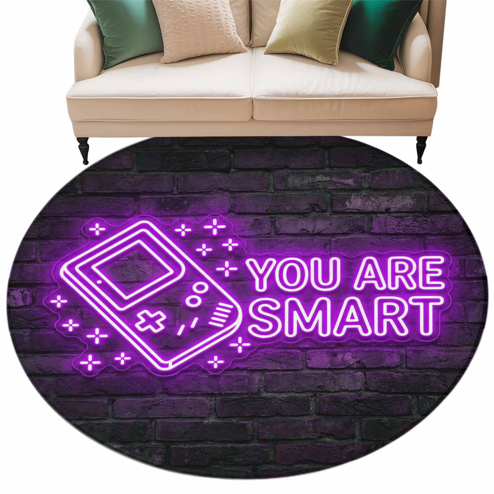 Art Gaming Icons Round Living Room Rugs 7 ft, Multi Panel Neon Letter ...