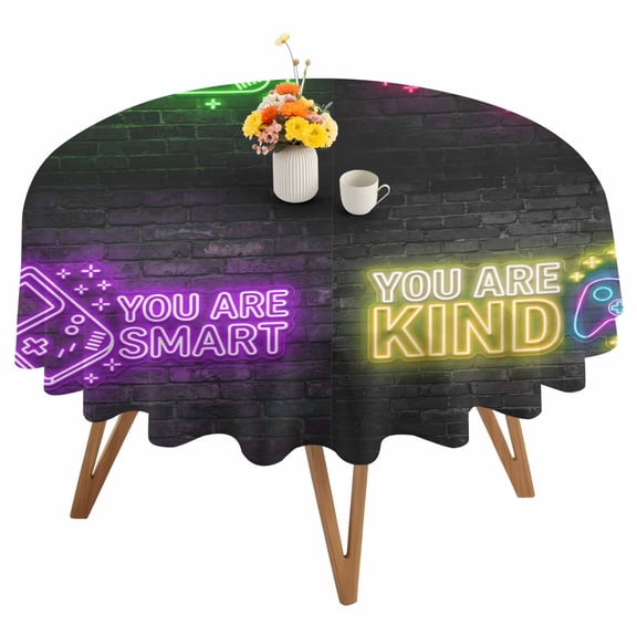 Art Gaming Icons Round Tablecloth 54 inches Multi Panel Neon Letter Green Pink Purple Yellow Waterproof Oil-Proof Table Cloth Round Table Cover for Holiday Party Picnic Dinner Decor Indoor Outdoor