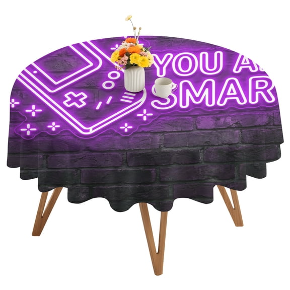 Art Gaming Icons Round Tablecloth 54 inches Multi Panel Neon Letter Yellow You Are Smart Waterproof Oil-Proof Table Cloth Round Table Cover for Holiday Party Picnic Dinner Decor Indoor Outdoor Use