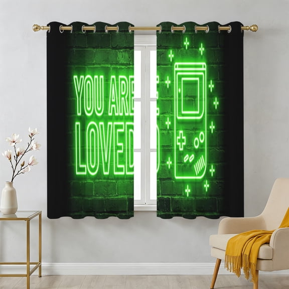 Art Gaming Icons Sheer Curtains 45 Inch Long 2 Panels, Multi Panel Neon Letter Green Modern Light Filtering Semi Sheer Drapes Grommet Voile Window Curtain for Living Bedroom W42 x L45