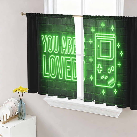 Art Gaming Icons Sheer Curtains for Living Room Bedroom, Multi Panel Neon Letter Green Modern Light Filtering Sheer Curtain Rod Pocket Voile Window Treaments Drapes, 52 x 54 Inches