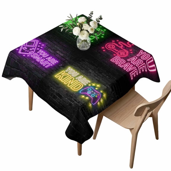 Art Gaming Icons Square Tablecloth Multi Panel Neon Letter Green Pink Purple Yellow Waterproof Wrinkle Free Soft Table Cloth Spill-Proof Washable Table Cover for Dining Party Picnic 54 x 54 Inch